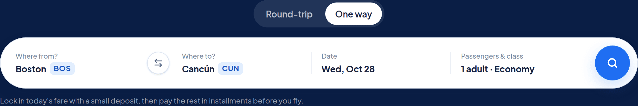 Flight search bar with Boston to Cancun and a departure date filled in